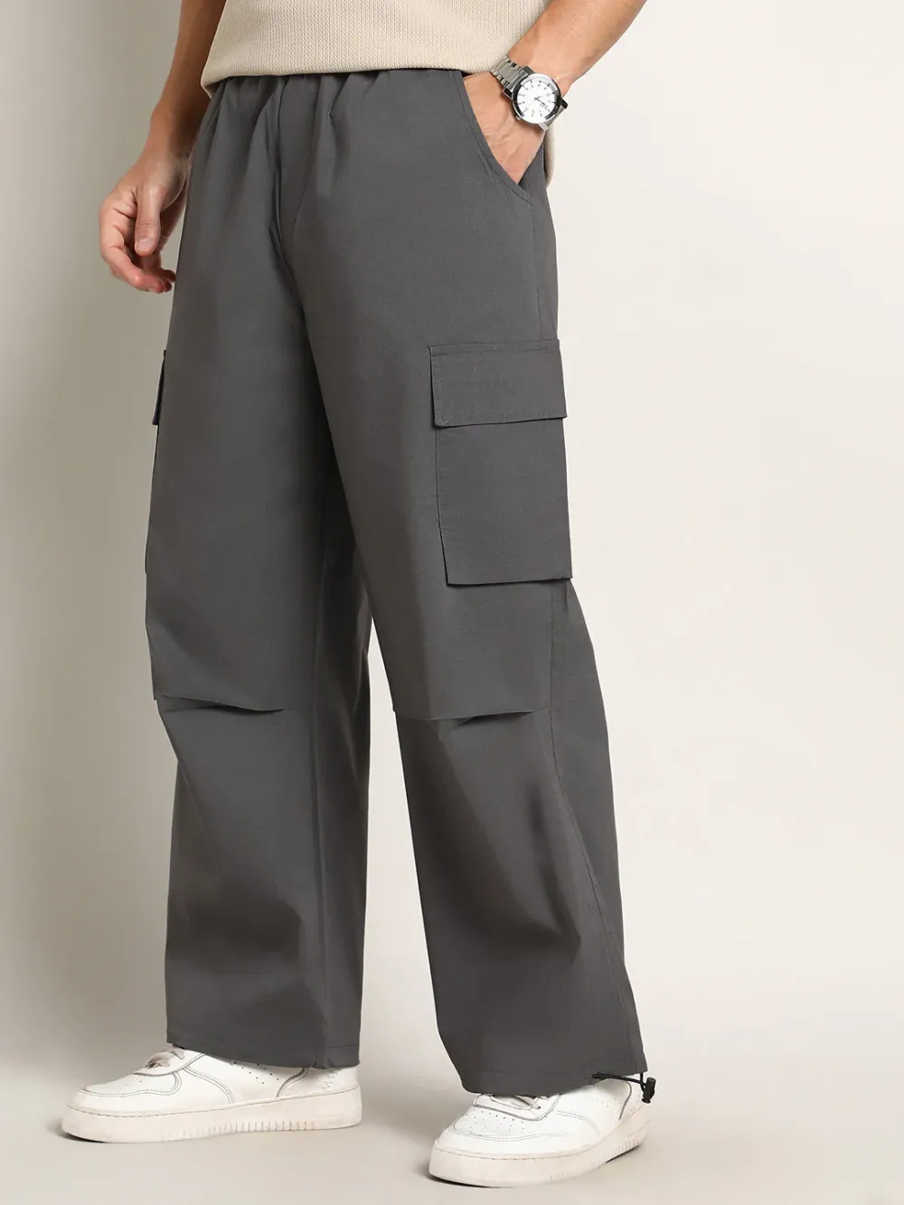 Grey Mid Rise Relaxed Cargo Trousers