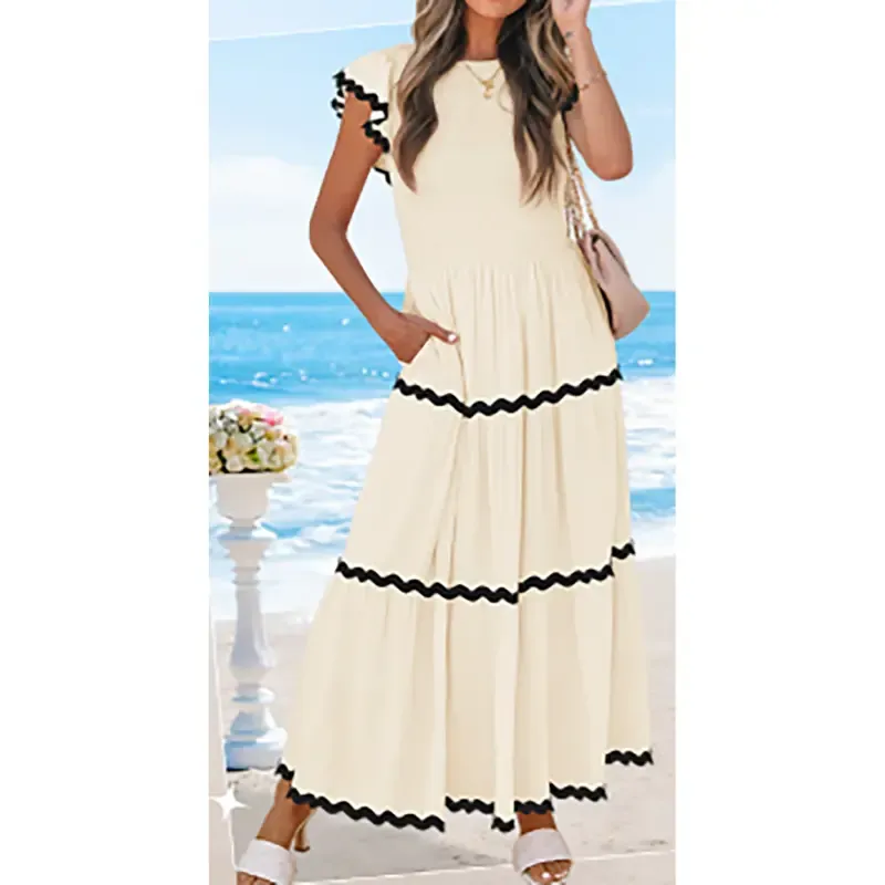 Women's Flowy Short-Sleeved Pleated Midi Dress