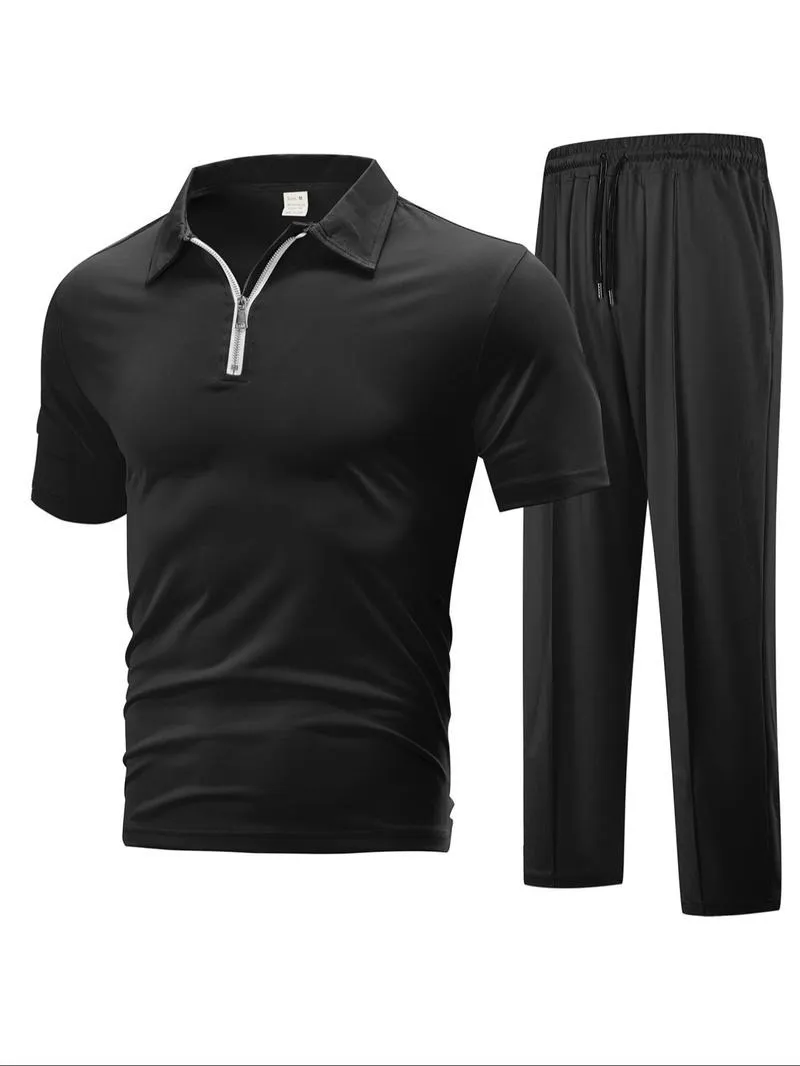 Men's Plain Half Zip Up Shortsleeve Polo Shirt & Drawstring Waist Pants Two-piece Set