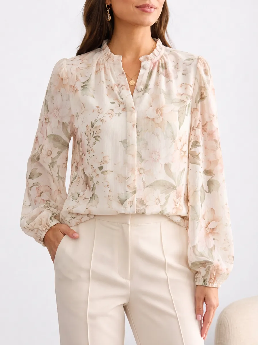 Women's Floral Print Ruffle Collar Blouse