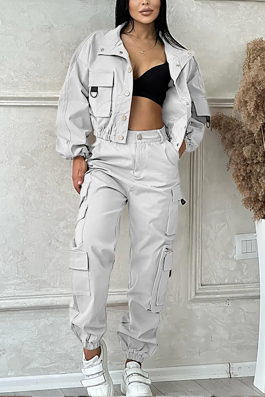 9PACK- Solid Color Pocket Jacket & Pants Two-piece Set