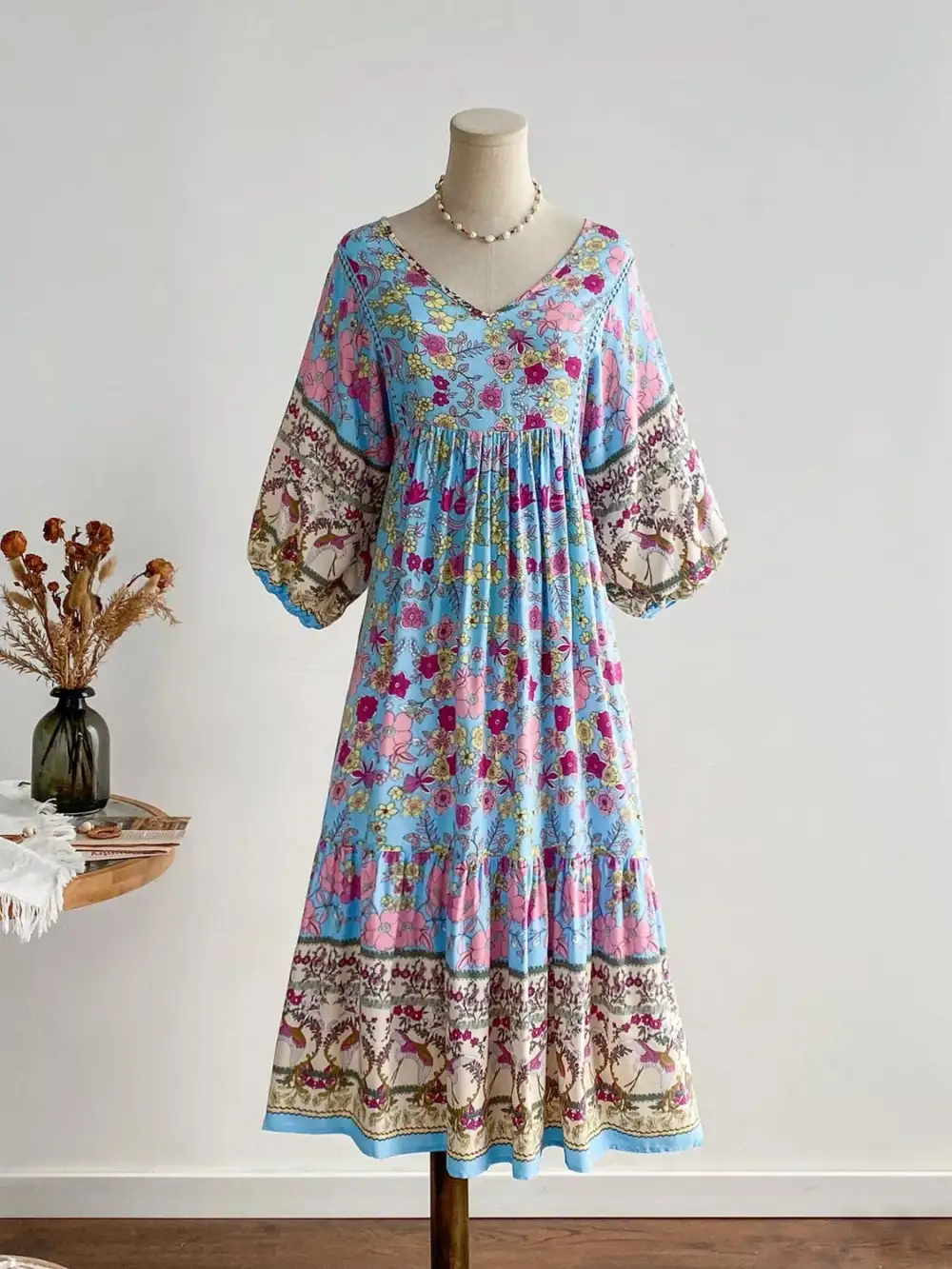 Plus Size Floral Print V Neck Dress