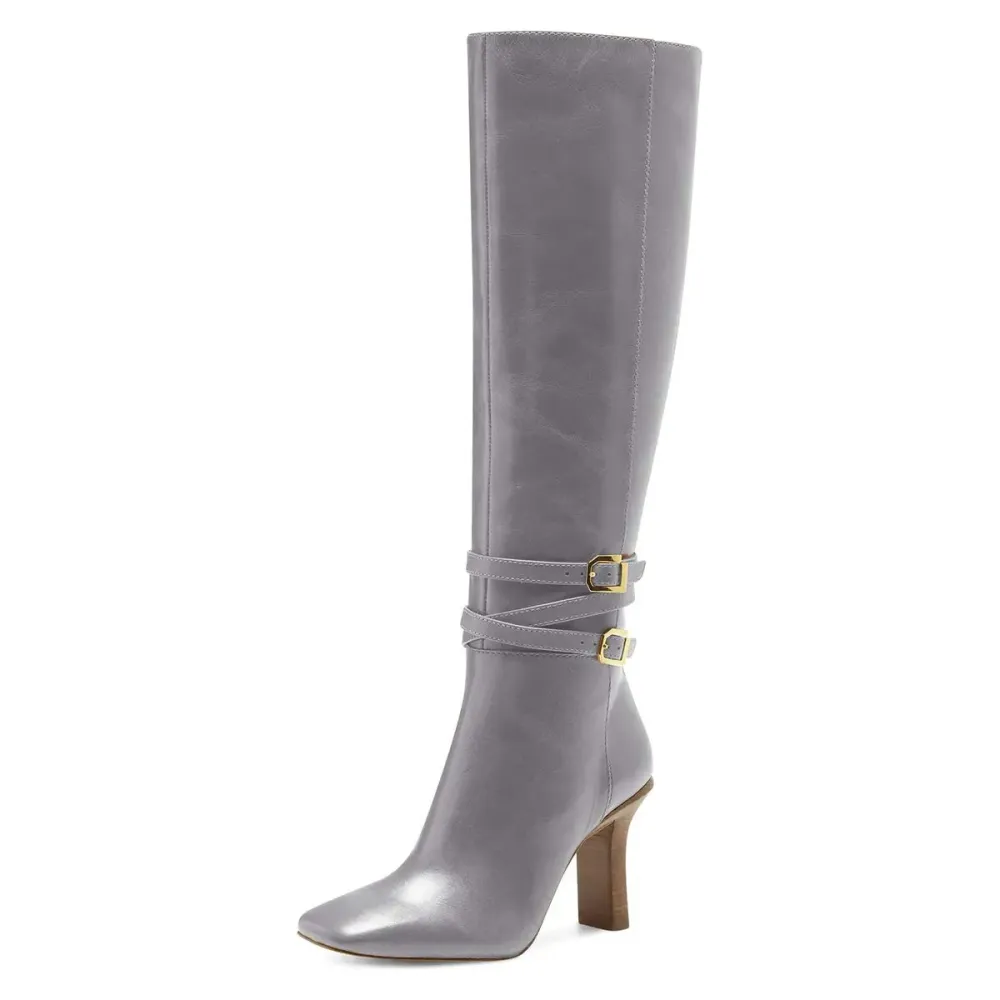 Buckle-Detail Zip-Up Square-Toe Pointed-Toe Knee-High Boots