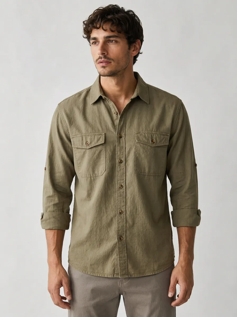 Men's Casual Olive Green Cotton Long Sleeve Button Down Shirt