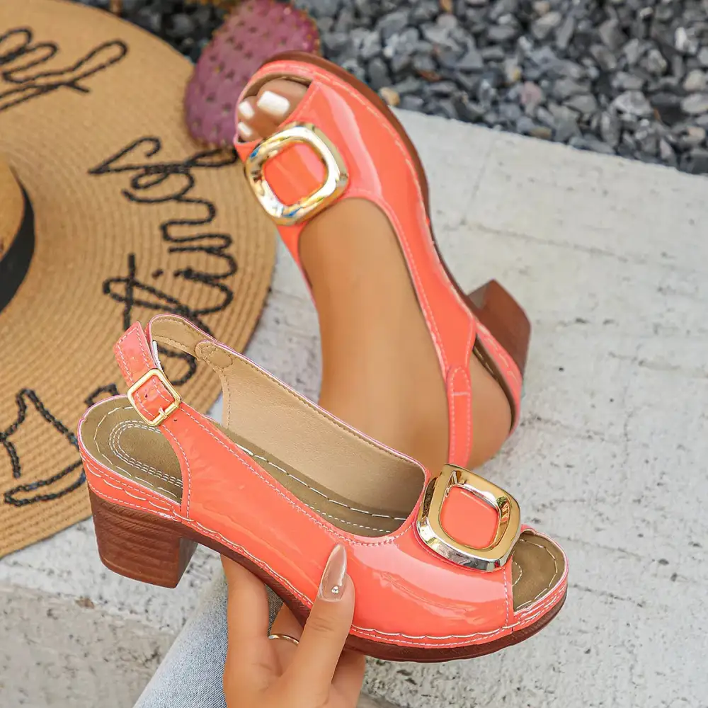 Textured Peep Toe Block Heels Sandals
