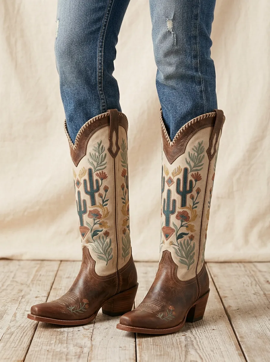 Women's Western Cactus Embroidered Denim Over-the-Knee Boots