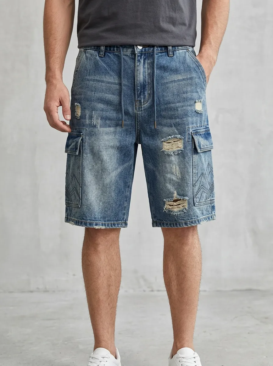 Men's Classic Geometric Distressed Distressed Denim Shorts