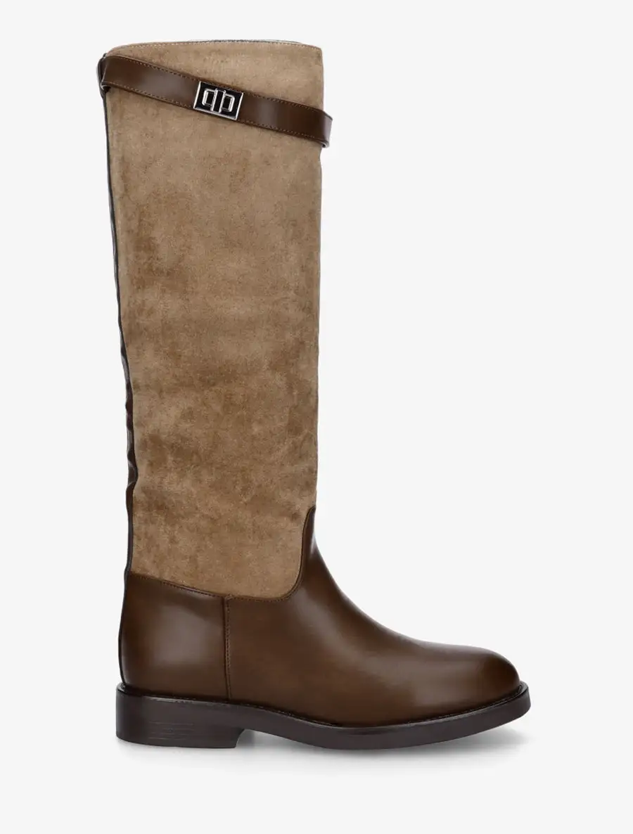 Buckle Detail Block Heel Faux Suede Faux Leather Knee High Boots