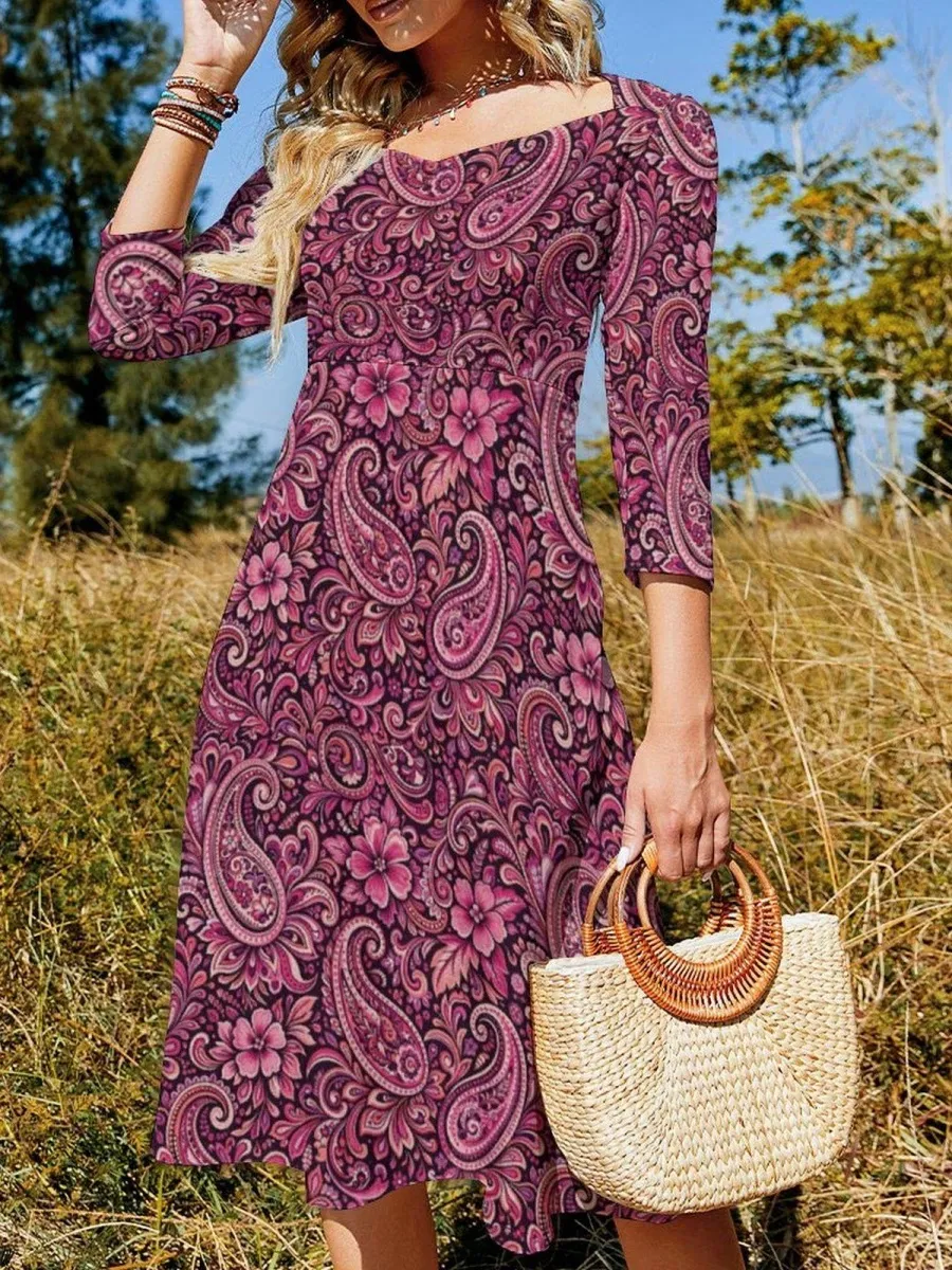 Tied Print Long Sleeve Dress
