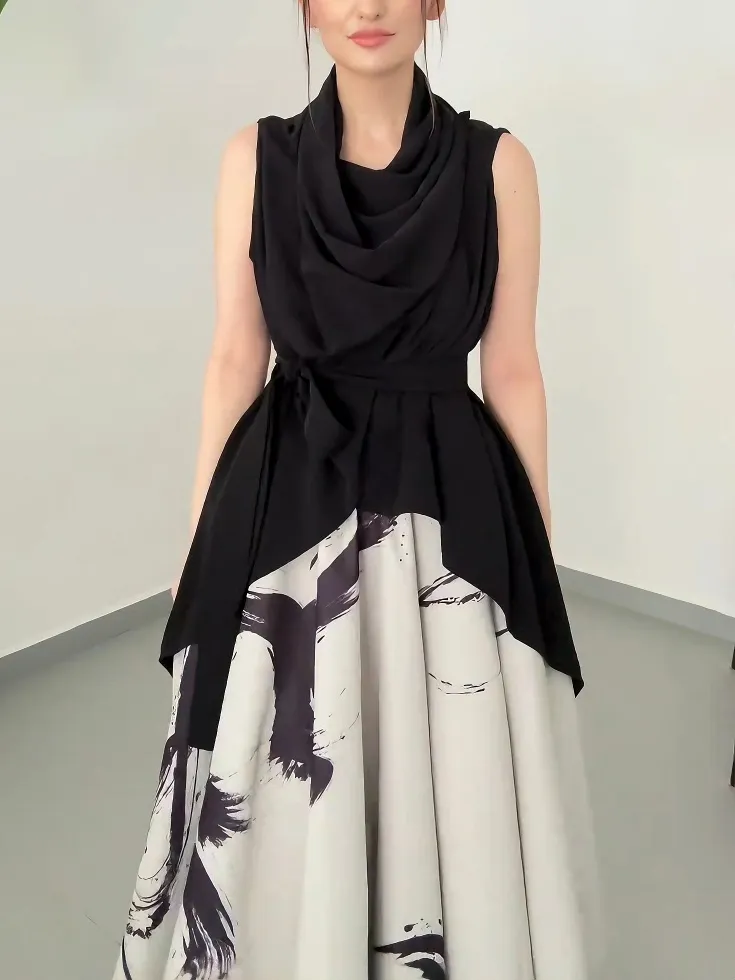 Elegant Abstract Print Draped Two Piece Midi Dress