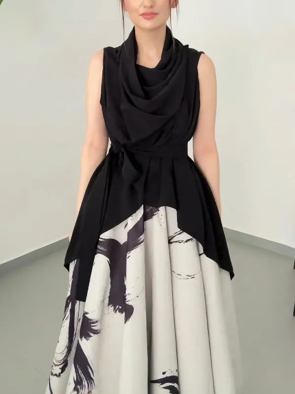 Elegant Abstract Print Draped Two Piece Midi Dress