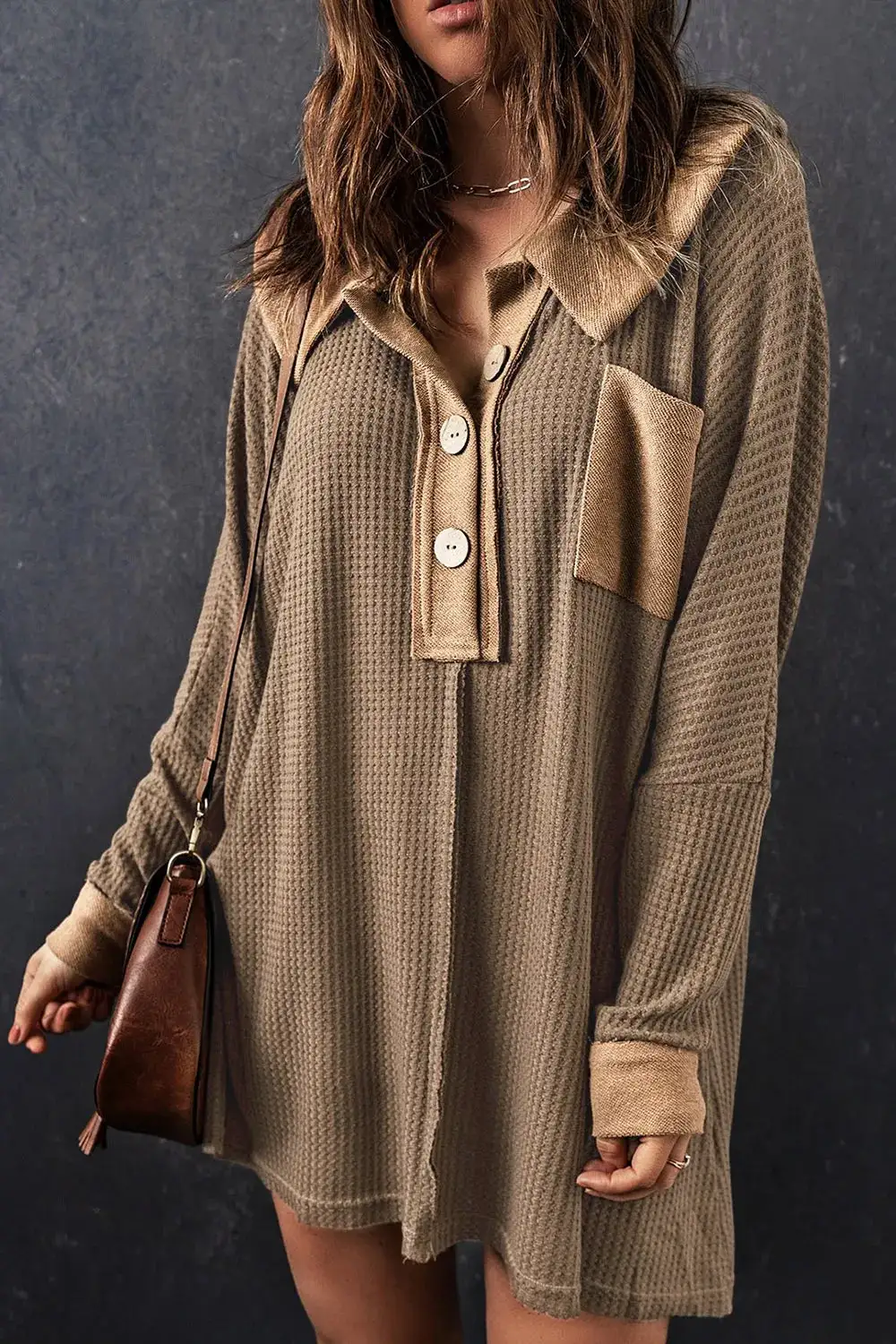 Knit Waffle Button Front Sweater Dress