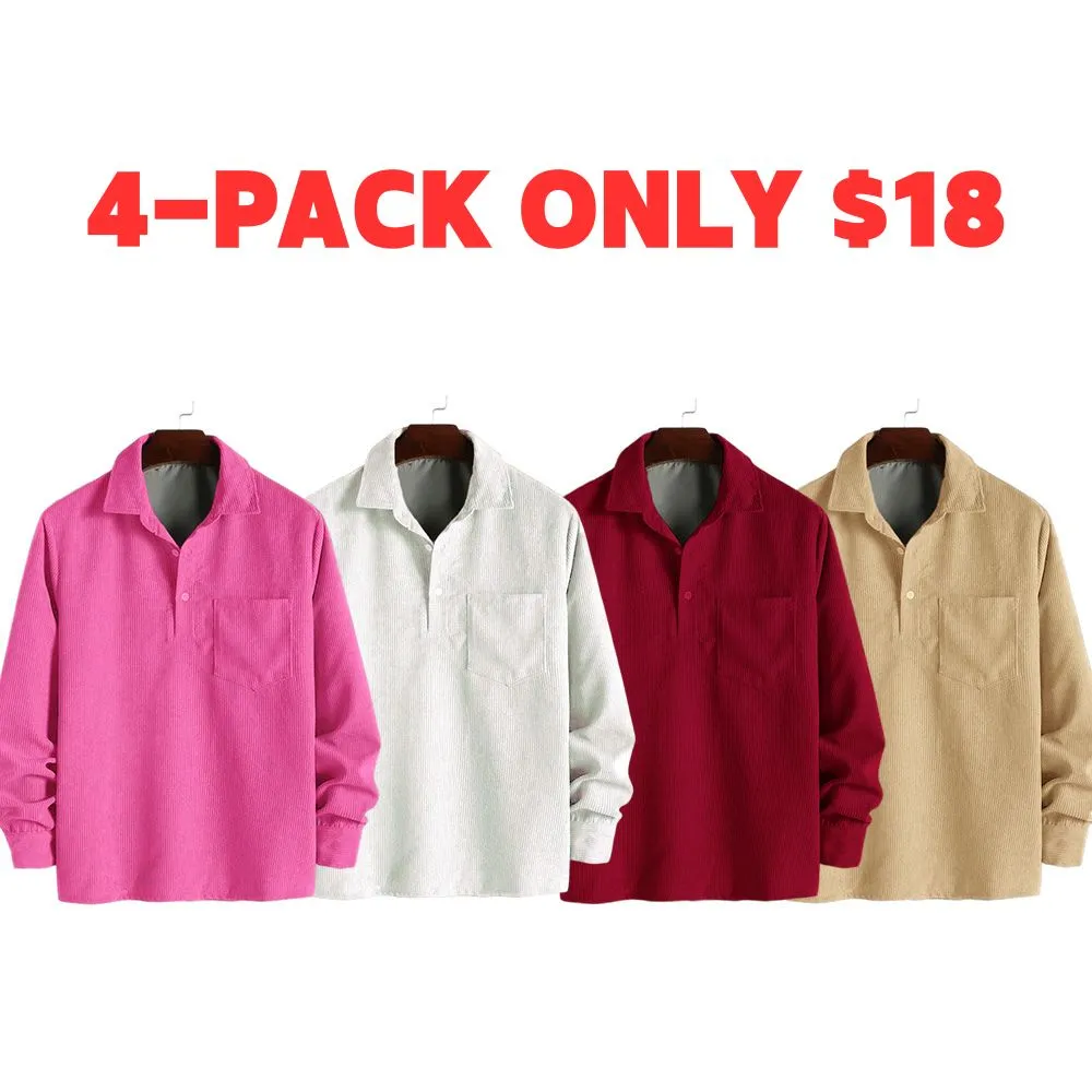 Men's Plain Pocket Half Button Corduroy Shirt, Casual Comfy Regular Fit Long Sleeve Collared Top For Fall & Winter, Men's Clothes For Daily Wear