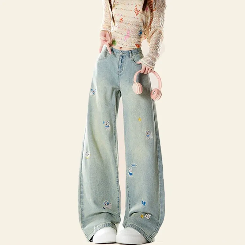 Distressed Embroidered Puppy Jeans