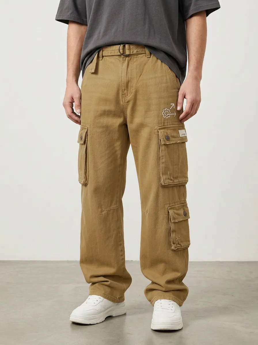 Men's Blue Washed Embroidered Detail D-Ring Straight-Leg Denim Cargo Pants