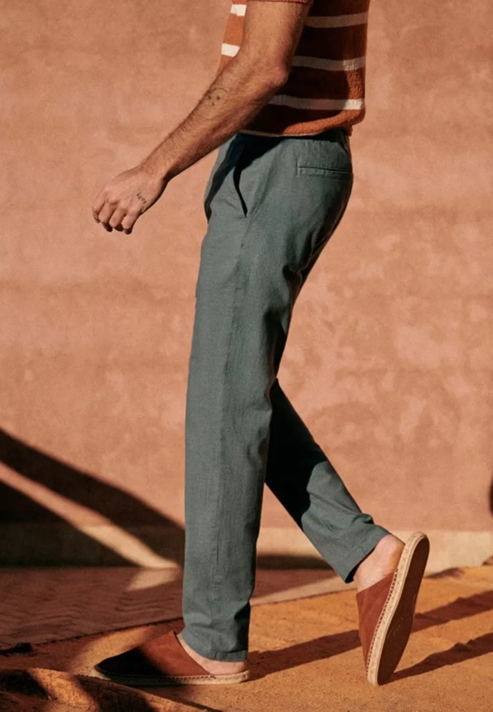 Olive Green Cotton Linen Blend Drawstring Trousers
