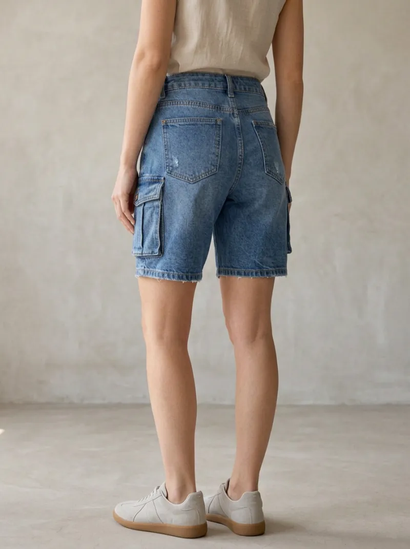 Women's Casual High-Waisted Button-Fly Cargo Denim Shorts