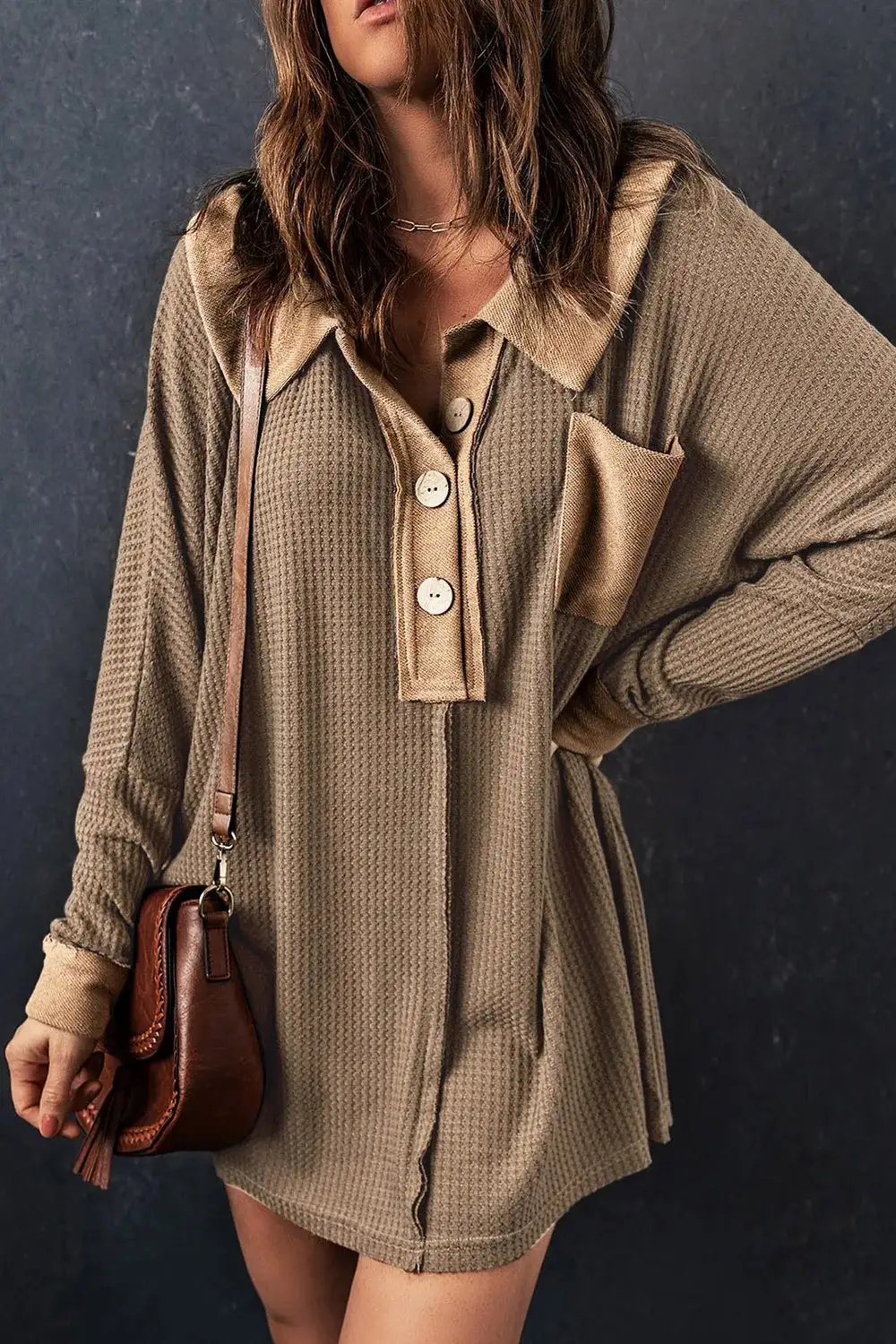 Knit Waffle Button Front Sweater Dress