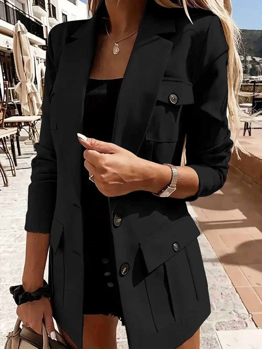 Refined Double-Breasted Lapel-Collar Long-Sleeve Blazer