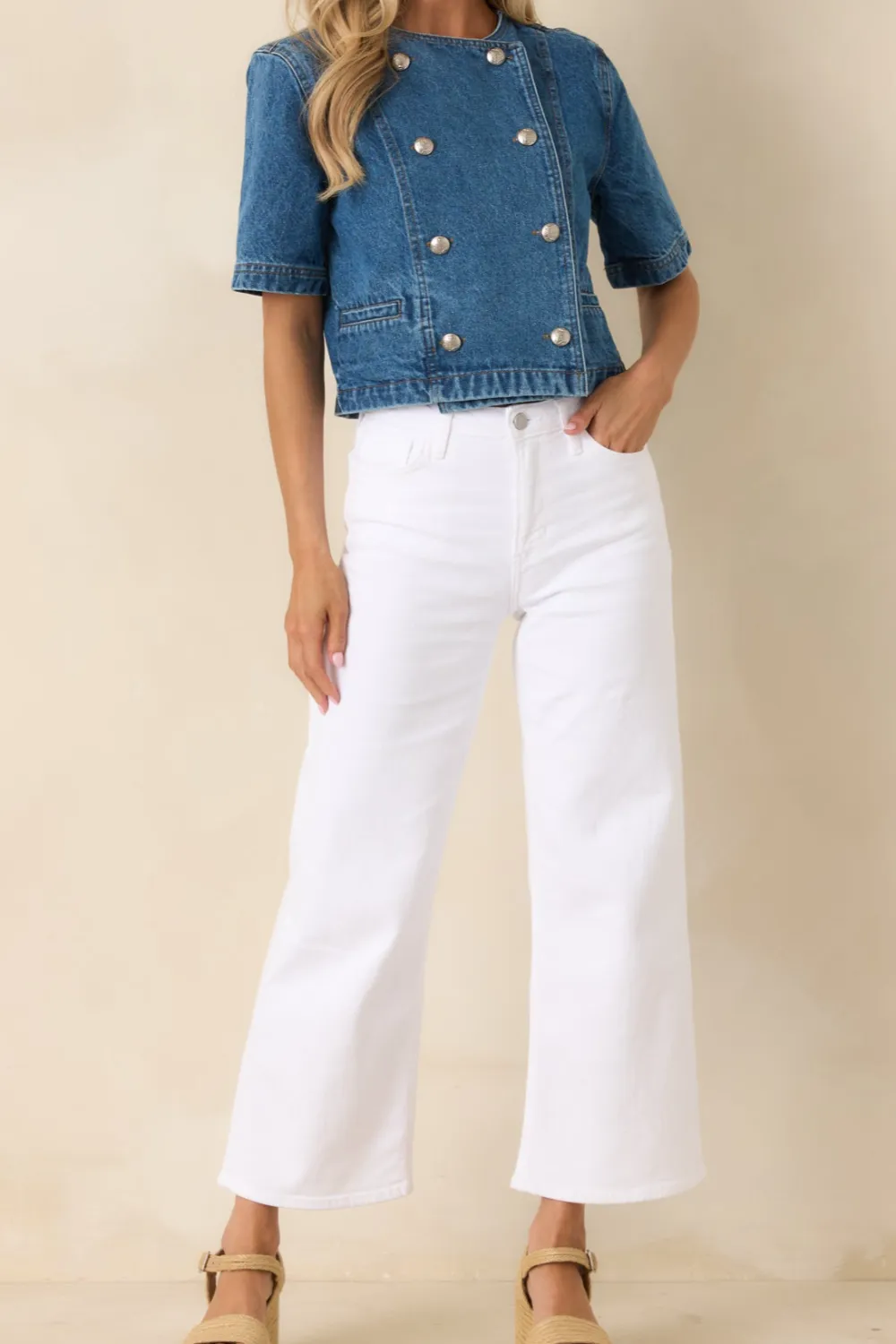 Cotton Denim Cropped Wide Leg Jeans