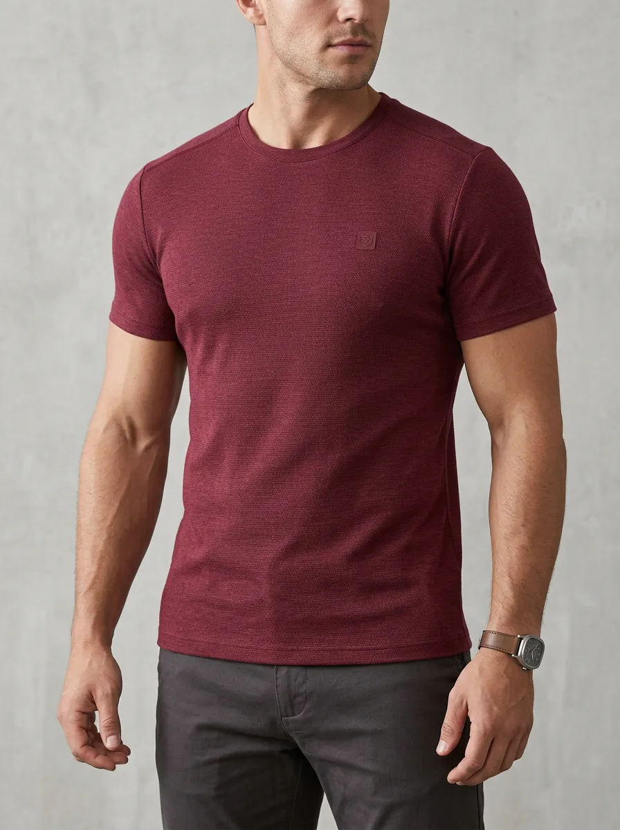 Casual Ribbed Textured Crew Neck Refined Look Men's Slim Fit Short Sleeve T-Shirt