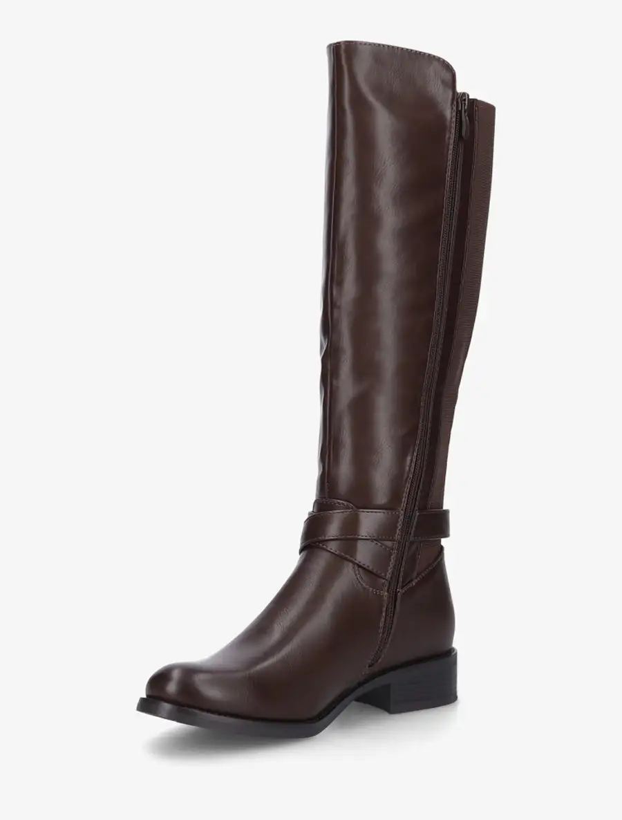 Polished Stretch Panel Strap Detail Buckle Detail Block Heel Knee High Boots