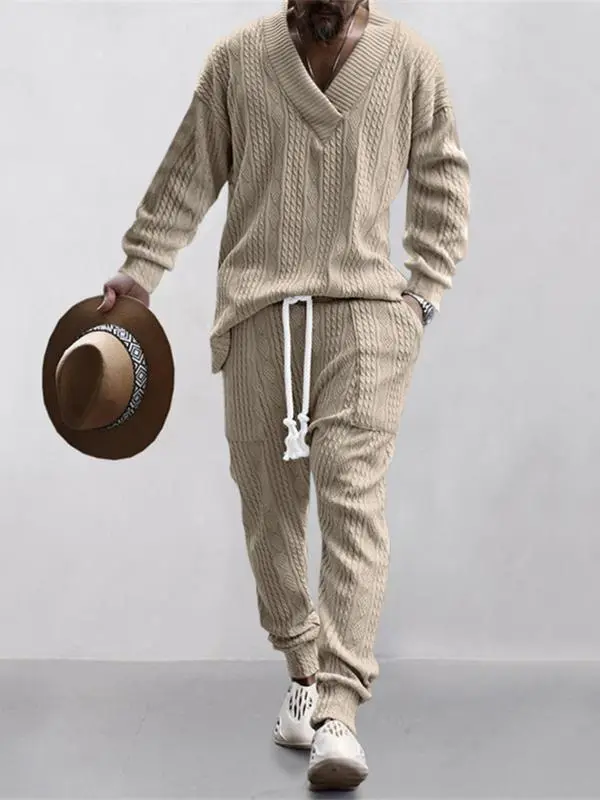 Men's Jacquard Drop Shoulder V Neck Top & Drawstring Waist Pants, Casual Fashion Pullover & Pocket Trousers for Daily Wear, Tracksuit Set, Tracksuits, Mens Jogger Sets, Sweat Suits Workout, Men's 2 Piece Set, Menswear, Clothes, Formal Wear, Sweat Set