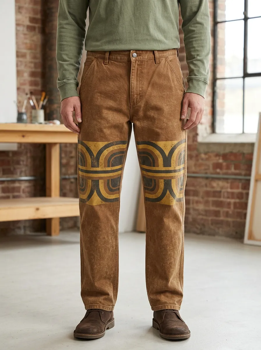 Men's Retro Geometric Pattern Brown Printed Pants