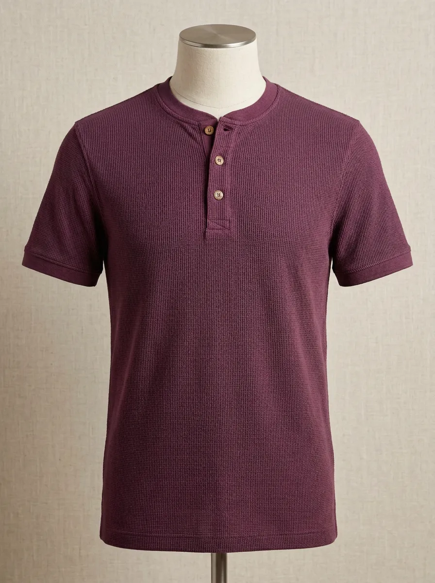 Men's Waffle Knit Button Placket Minimal Henley Shirt