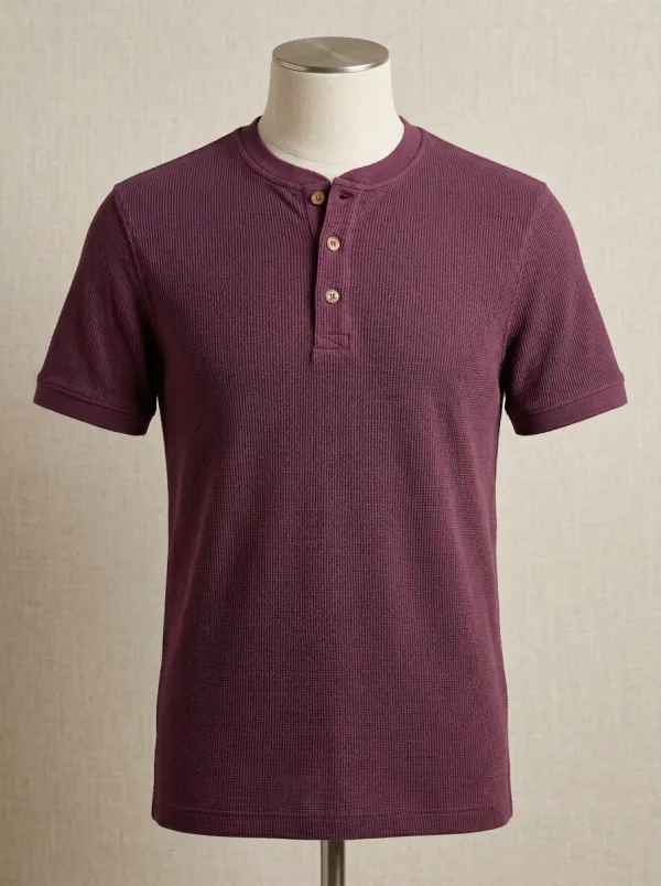 Men's Waffle Knit Button Placket Minimal Henley Shirt