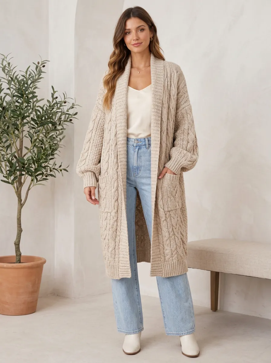 Women's Cable Knit Open-Front Cardigan