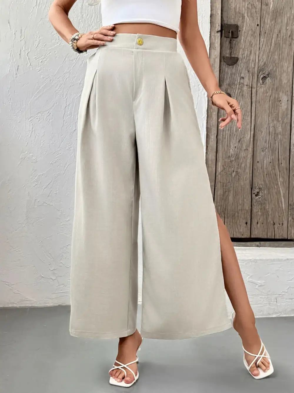 Slit Wide Leg Pleated Pants