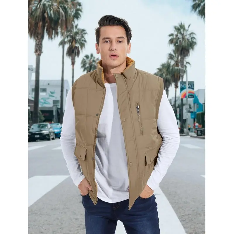 Mens Winter Vests Outerwear Fleece Lined Puffer Vest Warm Casual Quilted Vest Bubble Sherpa Vest Jacket