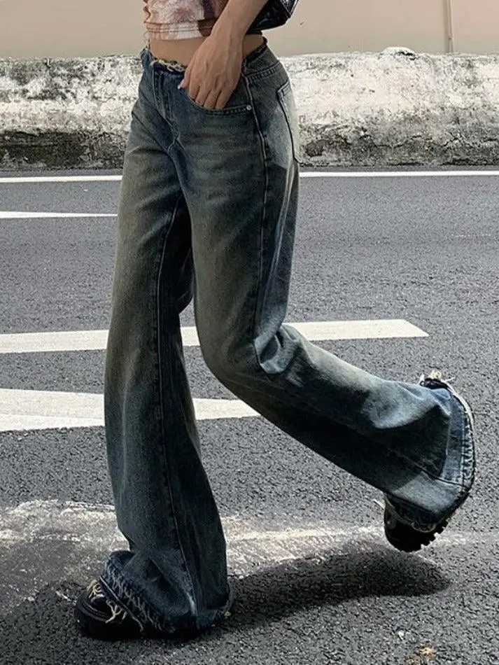 Vintage Frayed Low Waist Flare Jeans