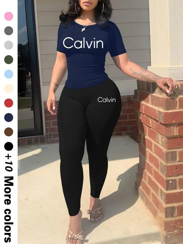 Calvin Letter Printing Women’s Casual Two-Piece Set Trendy Crop Top & Shorts | Lightweight Fabric | Effortless Summer Comfort