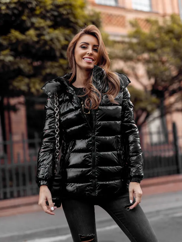Black women's quilted winter jacket with hood