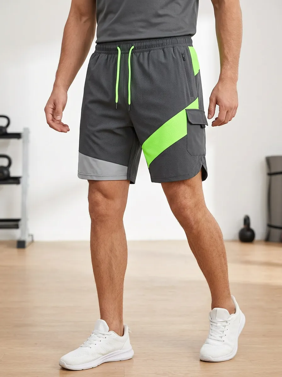 Men's Gym Fitness Neon Green Colorblock Cargo Printed Shorts
