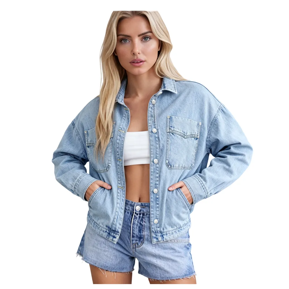 Women's Plain Button Front Drop Shoulder Curved Hem Denim Jacket