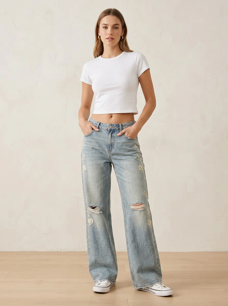 Women's Floral Embroidered Distressed Wide Leg Printed Jeans