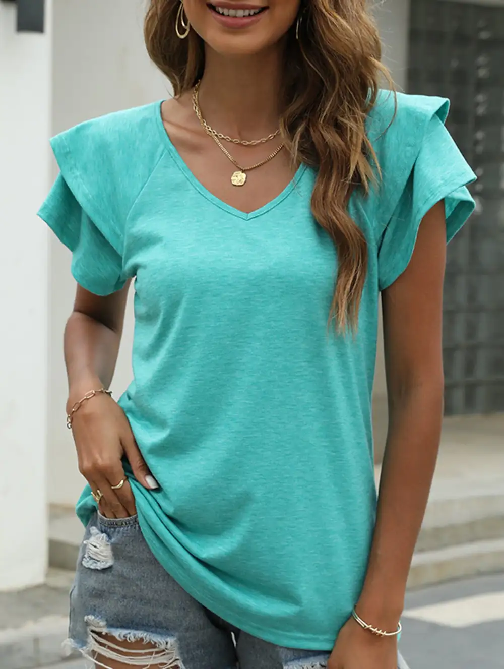 Solid Color V-Neck Ruffle Sleeve T-Shirt