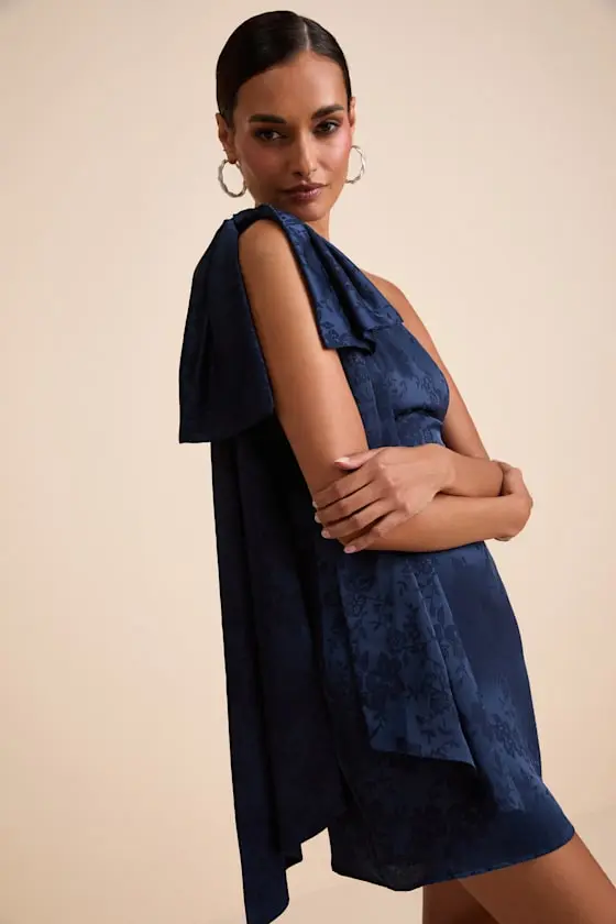 Jayda Navy Satin Jacquard One-Shoulder Sash Mini Dress