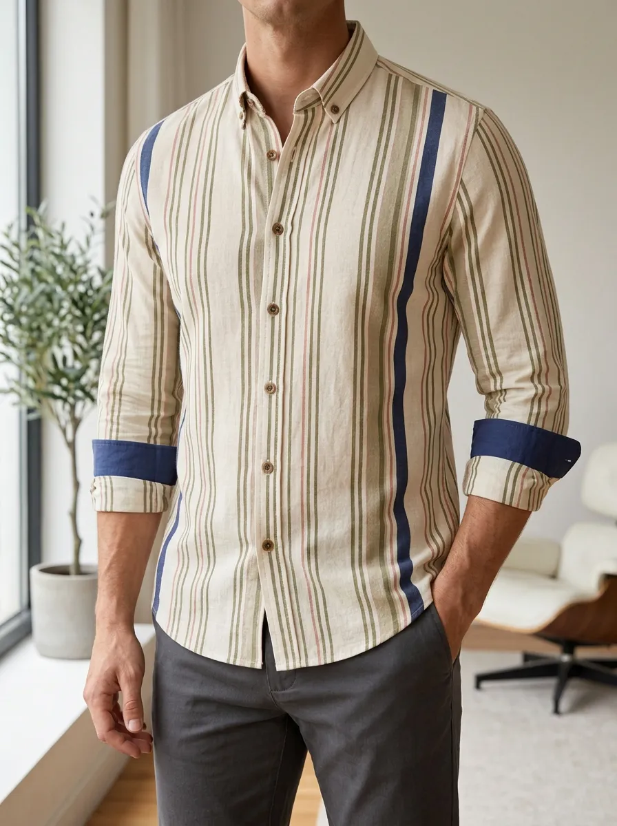 Men's Casual Style Vertical Striped Printed Slim Fit Shirt