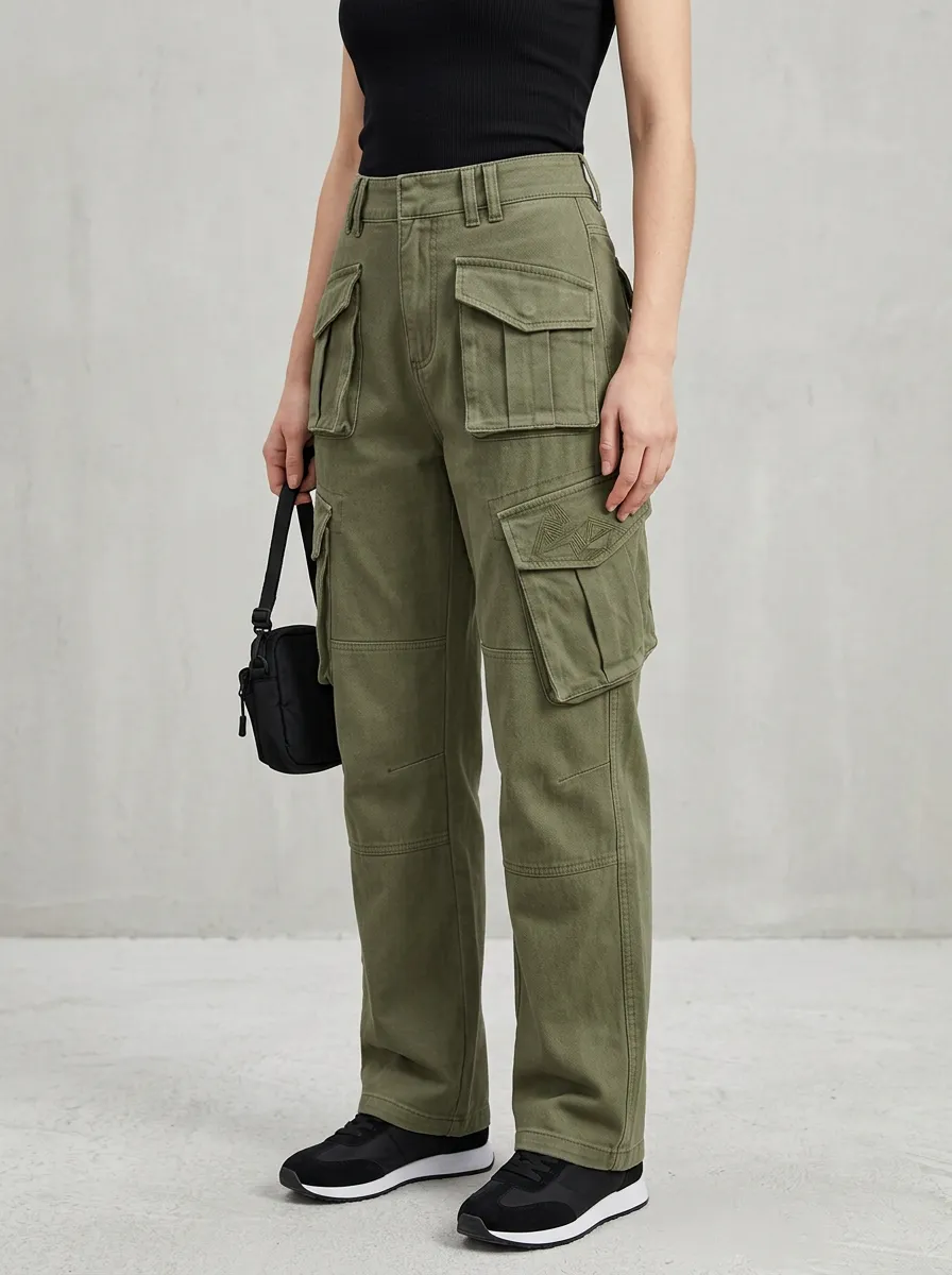 Functional Geometric Pattern Embroidered Detail Profile Women's Multi Pocket Cargo Pants