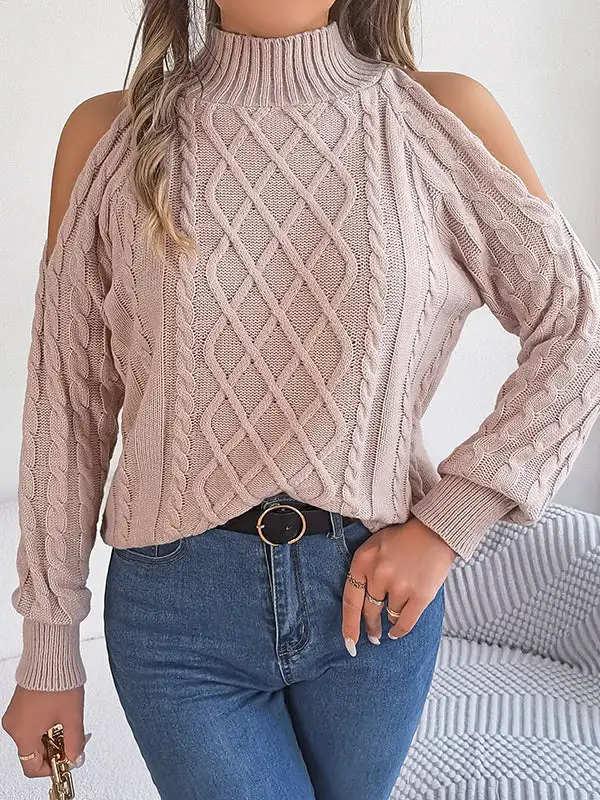Openwork Cold Shoulder Long Sleeve Relaxed Fit Pullover Sweater