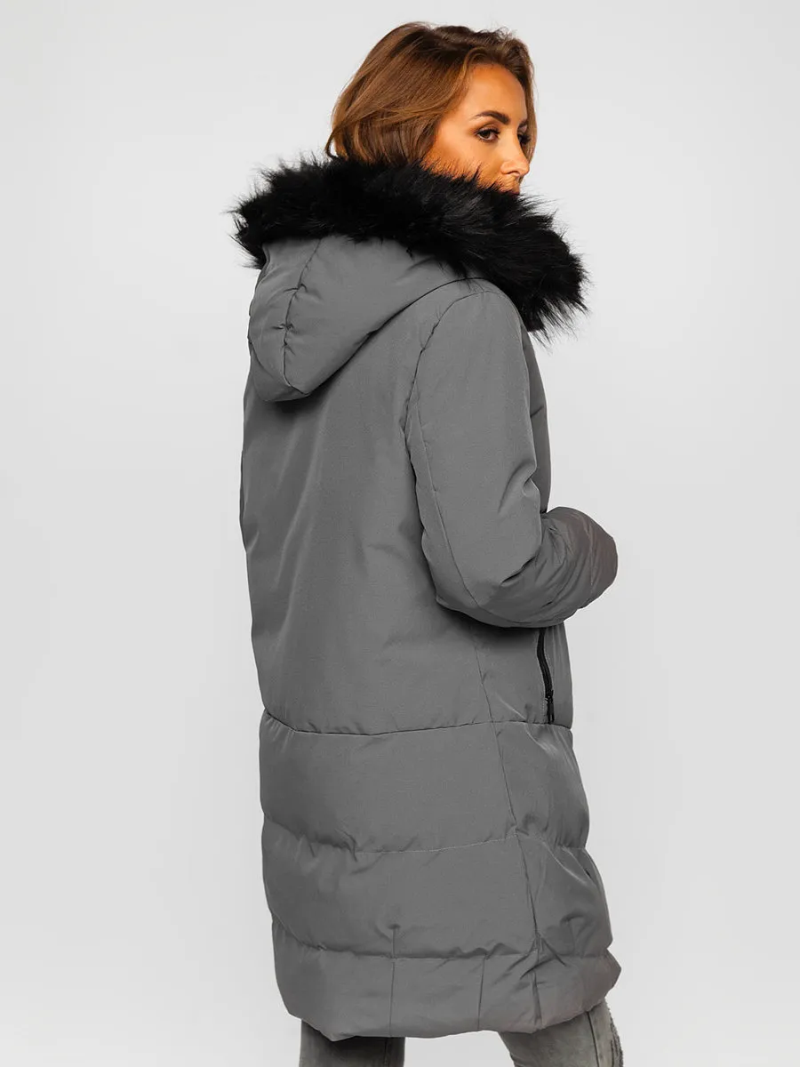 Women's Graphite Quilted Winter Jacket With Hood