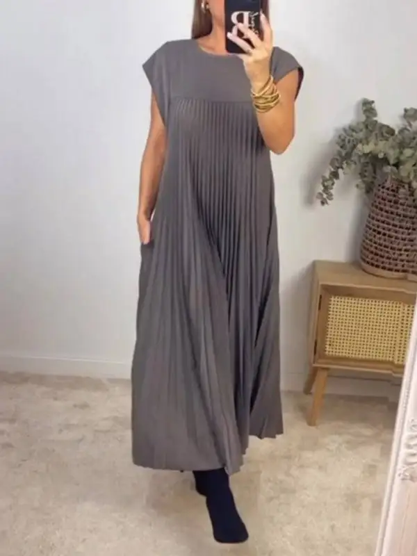 High Color Pleated Neck Maxi Dress