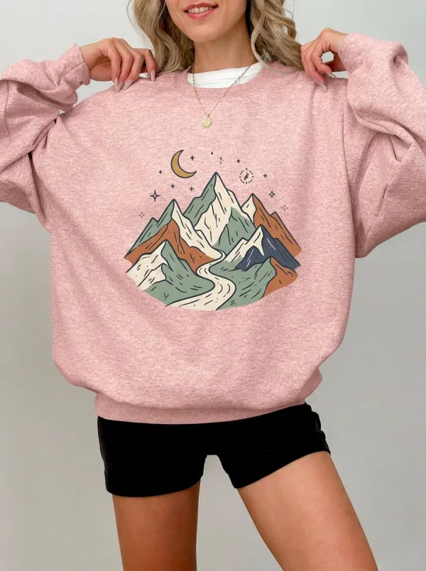 Women's Nature Mountain Moon Stars Graphic Crewneck Sweatshirt