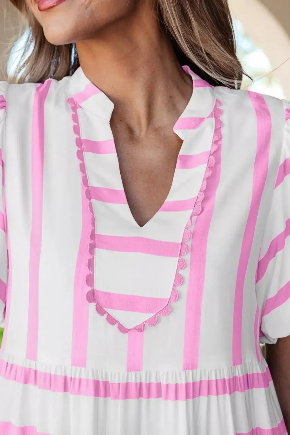 Striped Split Neck Short Sleeve Dress Casual