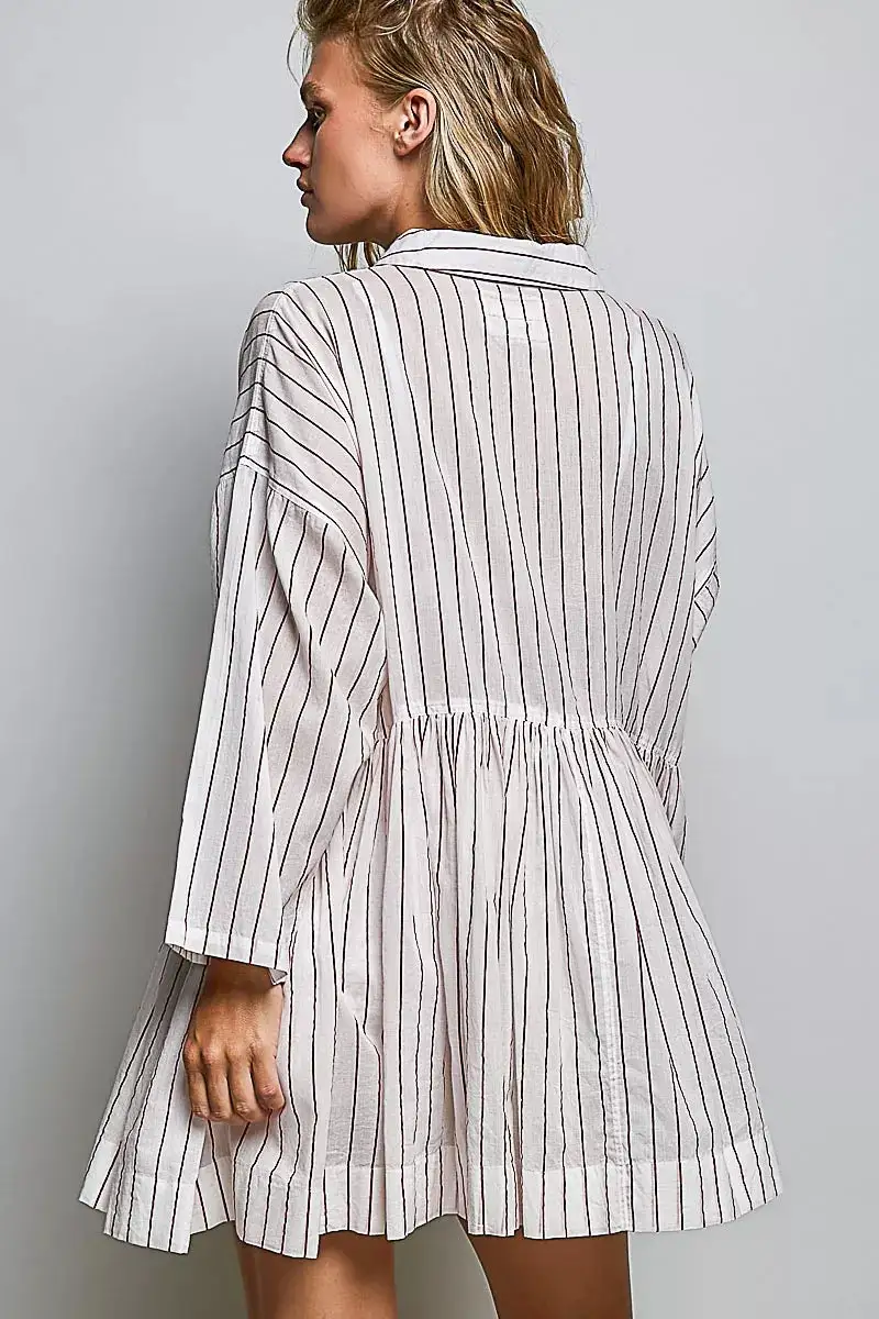 Striped Gathered Waist Woven Shirt Dress