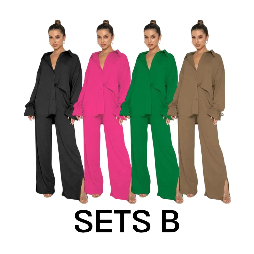 Women's Button-Front Shirt & Split-Hem Pants Set - Flounce Sleeve Top & Wide-Leg Trousers